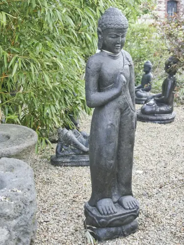 Product image of the product “Standing Buddha, Indian Style - turning the wheel of knowledge, in the sizes from 60cm to 200cm, Antique finish ”